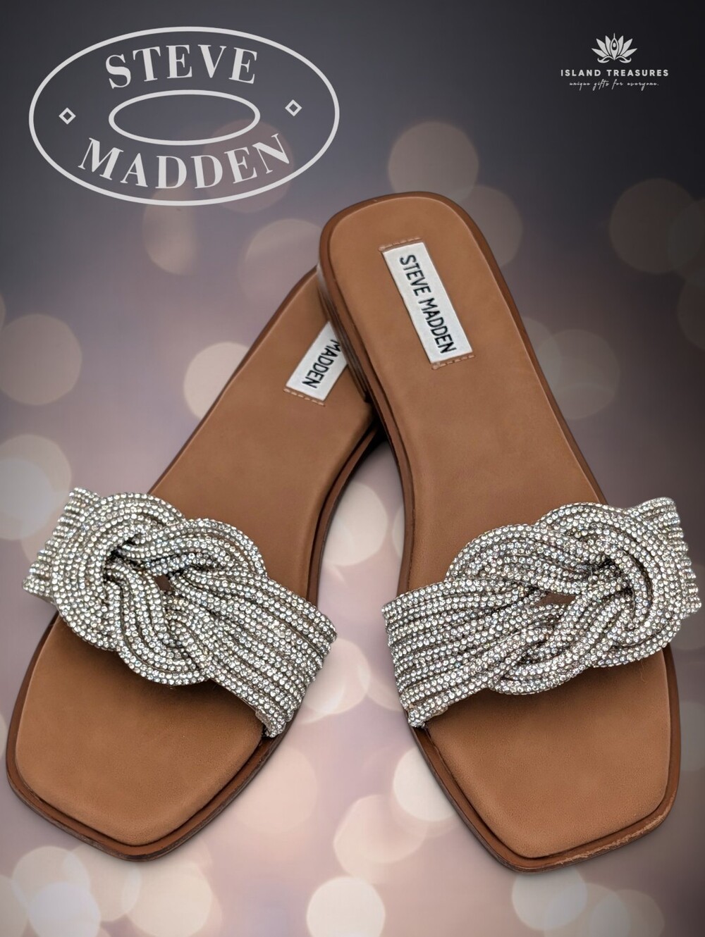 Steve Madden Sz 9M Solar Rhinestone Knot Slide Sandals Square Toe Flat Statement